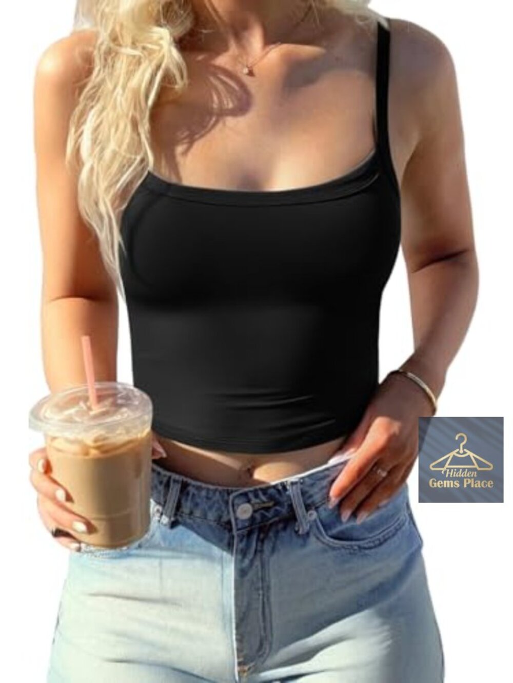 Women's Longline Tank Top with Built In Bra Removable Pads Square Neck Athletic